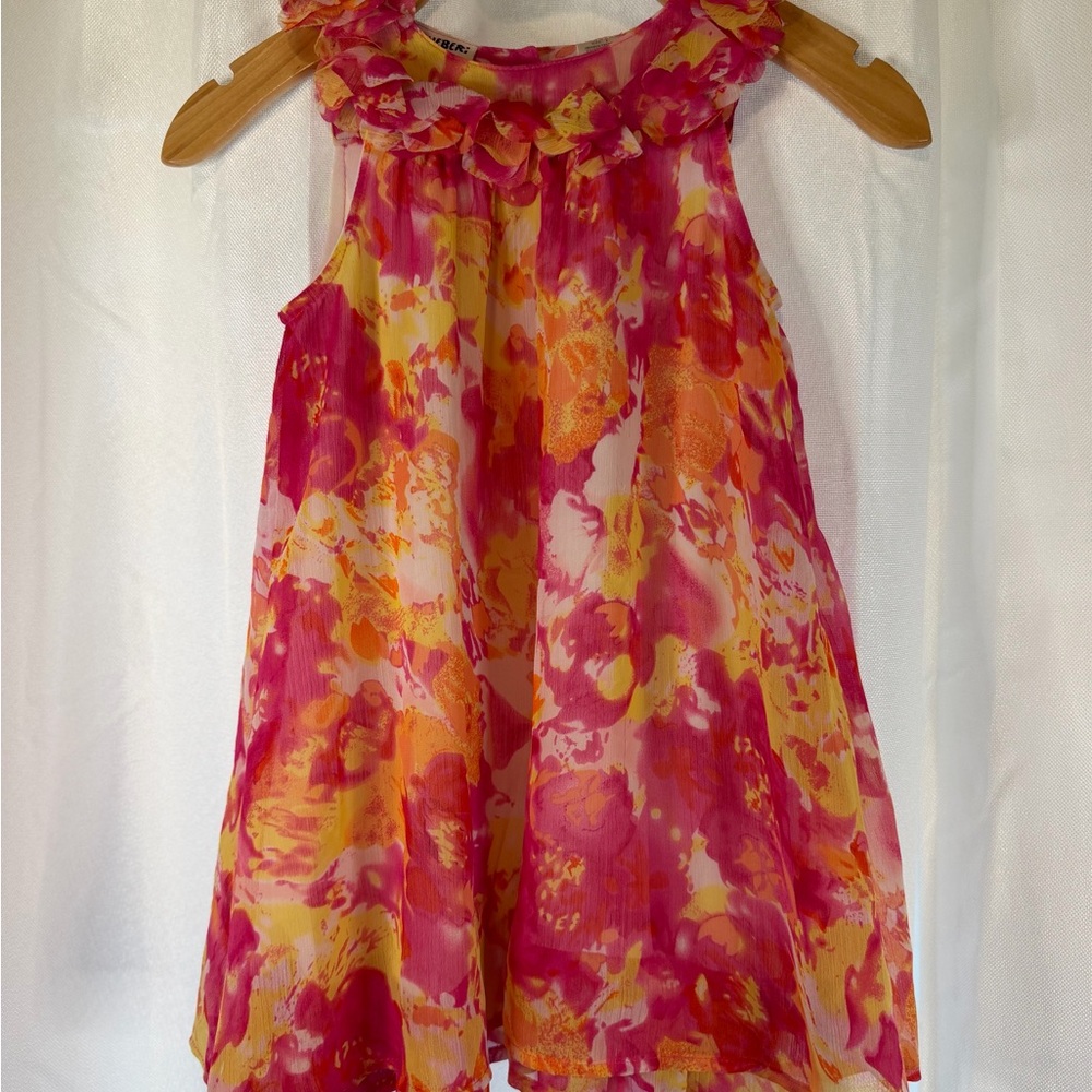 Blueberi Boulevard Pink Orange Yellow Floral Ruffle Neck Dress - Girls (5)
